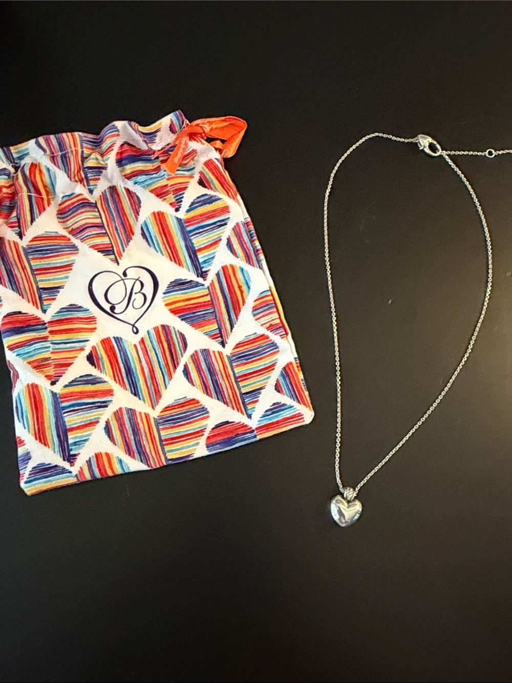 Brighton Silver Heart Necklace with Multicolor Heart Drawstring Pouch
